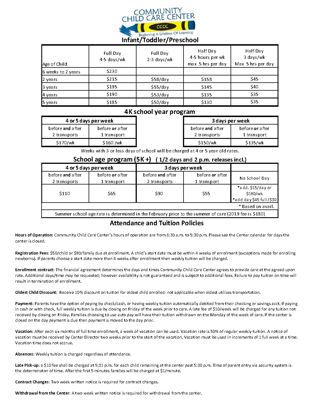 Download fee schedule 2018 Community Child Care Center